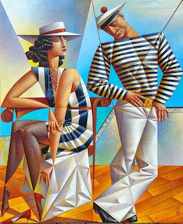 Cubist painting of woman in hat and sailor in striped shirt, geometric style with nautical theme
