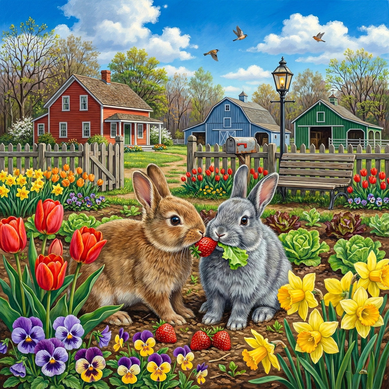 Two Rabbits in Garden