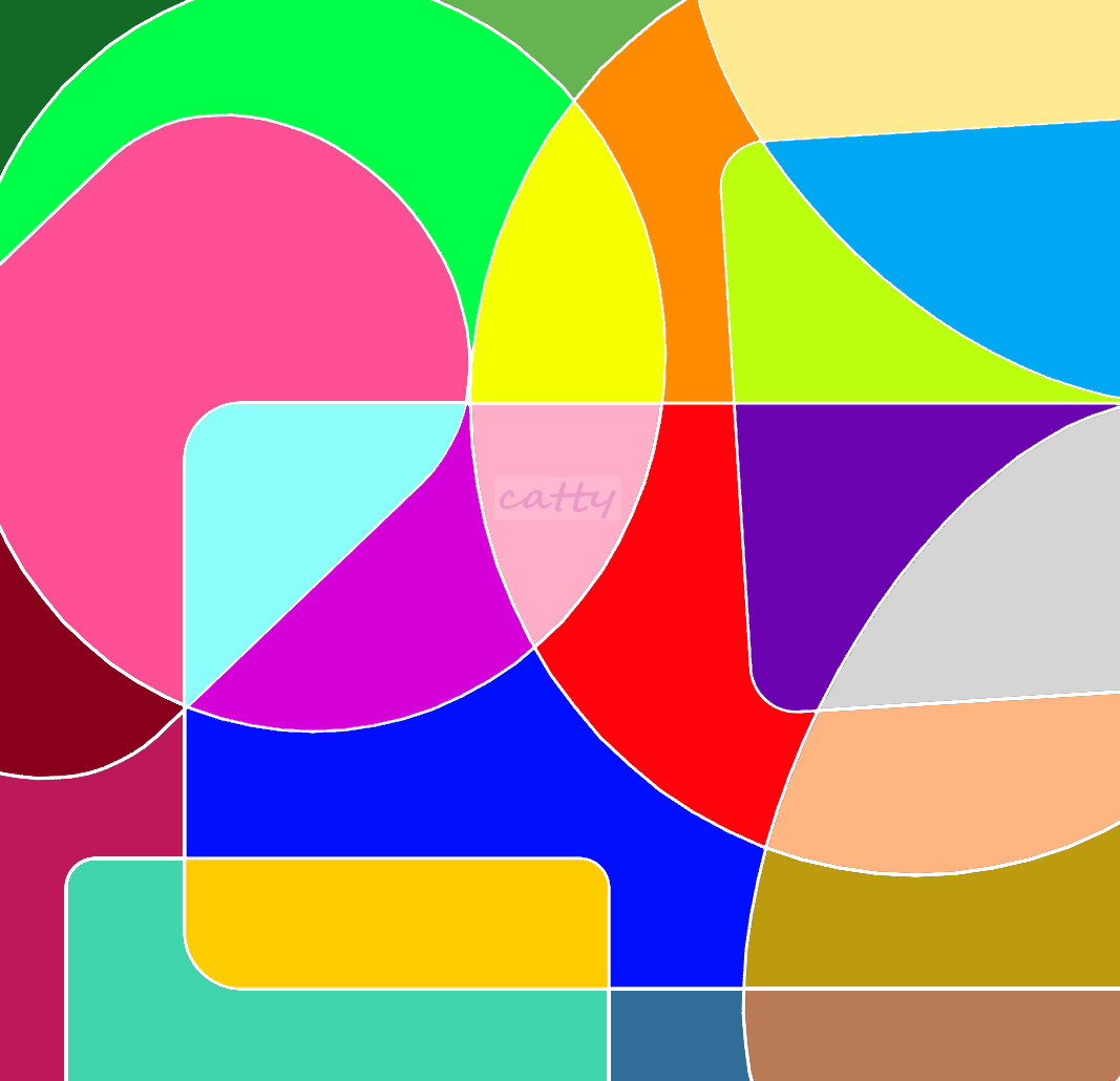 Abstract geometric art with colorful overlapping circles, rectangles, and curved shapes on multicolor background