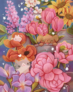 Illustration of cute cartoon animals like cats, pigs, and birds hiding among colorful flowers