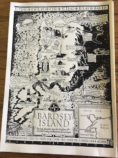 Black-and-white vintage illustrated map of Bardsey Island with landmarks and coastal details