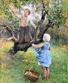 Painting of two girls picking apples from a tree in an orchard with a wicker basket below