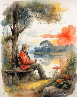 Watercolor of man on bench by lake at sunset with tree and flowers