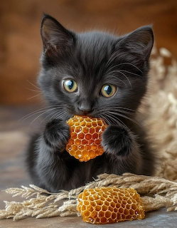 Black kitten with green eyes holding honeycomb piece