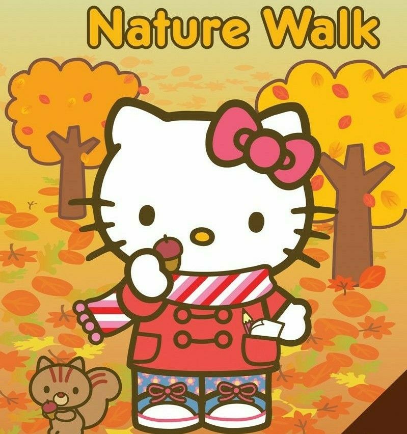 Hello Kitty in red overalls walking in autumn with yellow trees and falling leaves