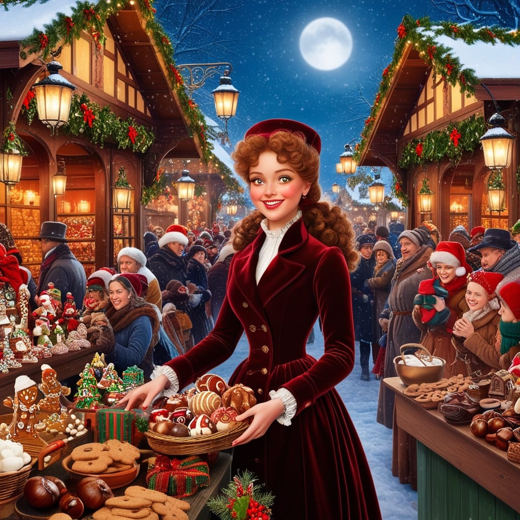 Woman in burgundy dress at nighttime Christmas market with lanterns and decorated stalls