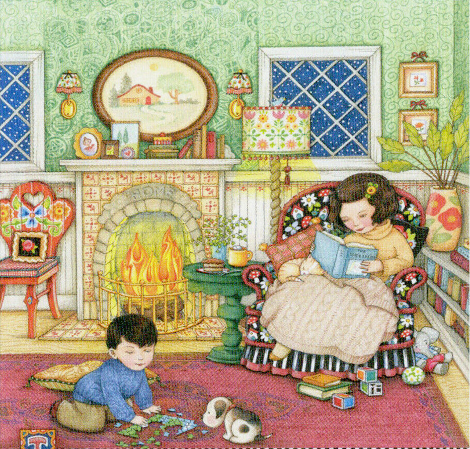Two children reading books in a cozy room with fireplace and decorative furnishings