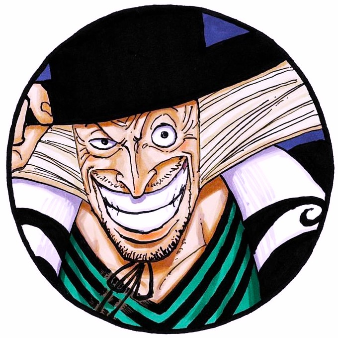 Grinning anime character in striped green shirt and straw hat with exaggerated facial expression