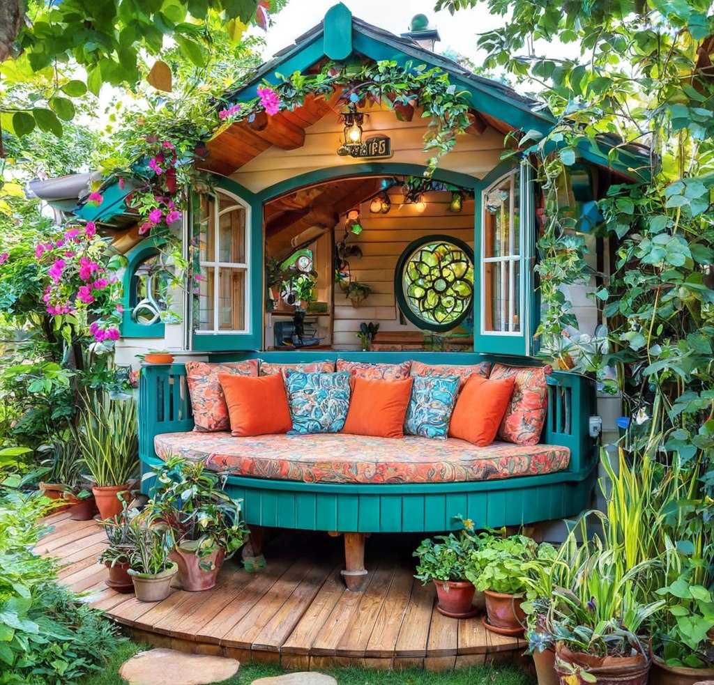 Cozy turquoise garden nook with open windows, curved bench with orange cushions, surrounded by plants and flowers