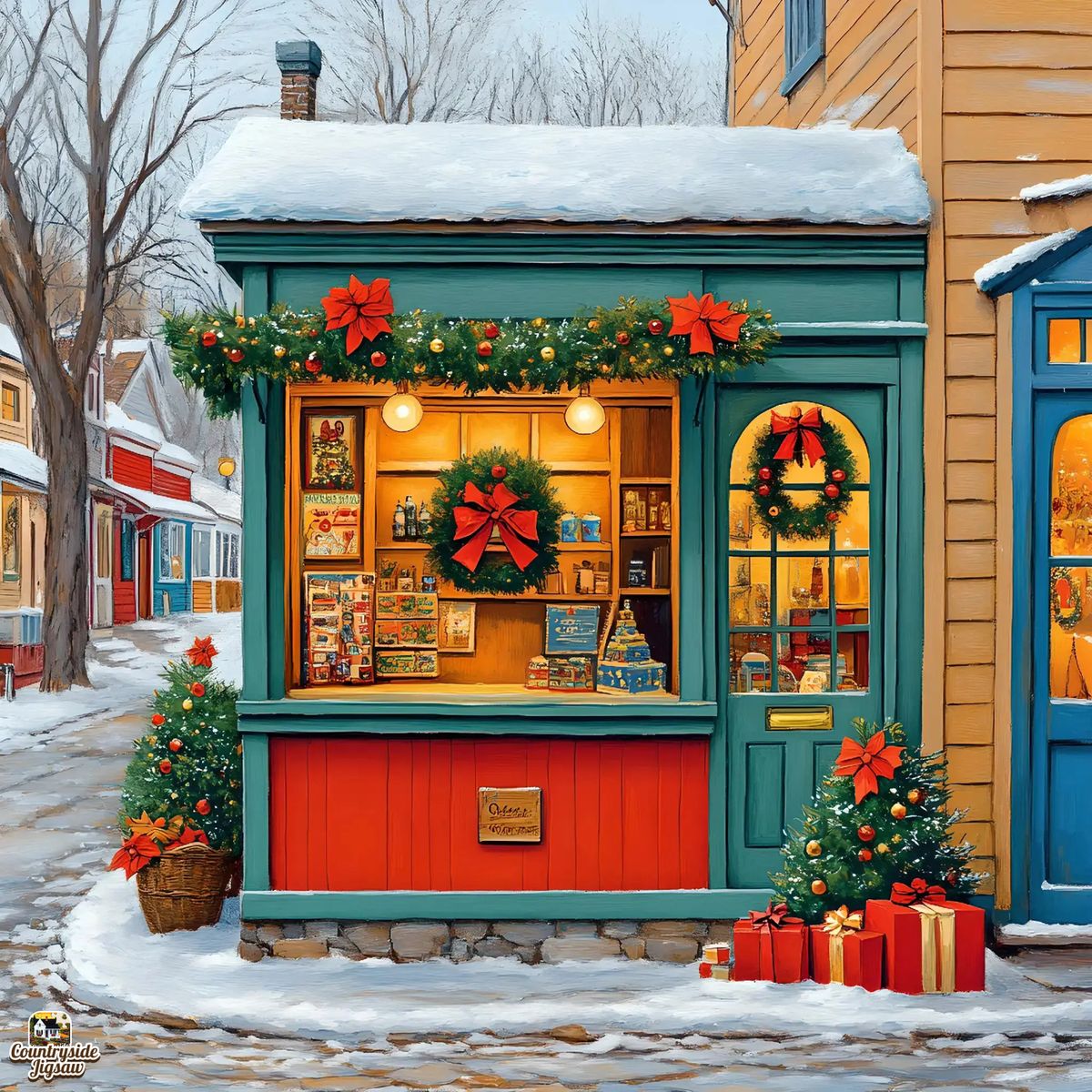 Colorful corner store with Christmas decorations and snow