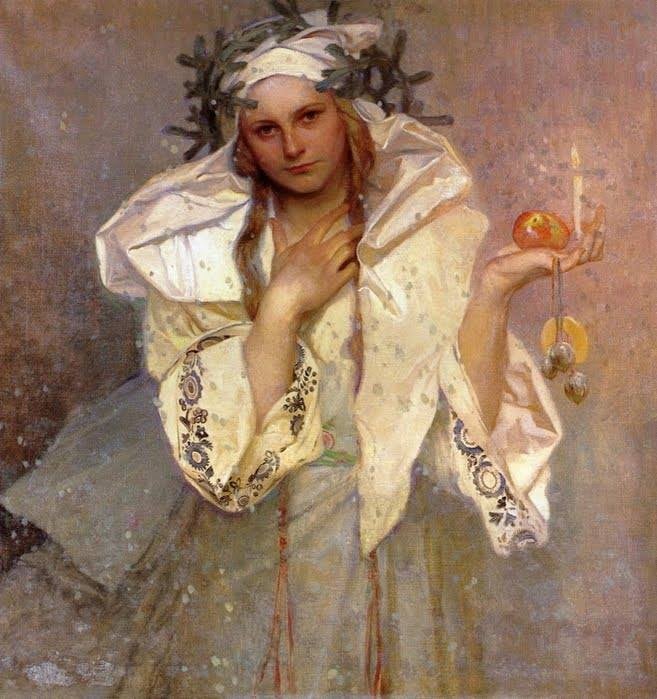 Classical painting of woman in flowing white robe with decorative sleeves against textured background