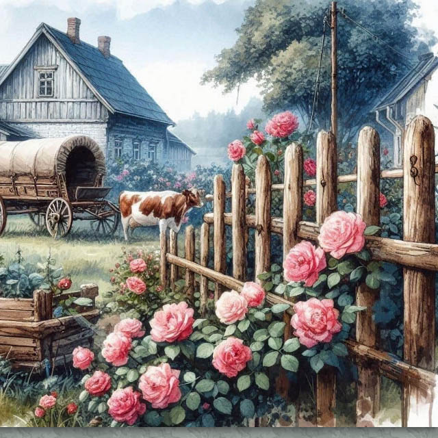 Pink roses on wooden fence in front of rustic cottage and barn with wagon under cloudy sky