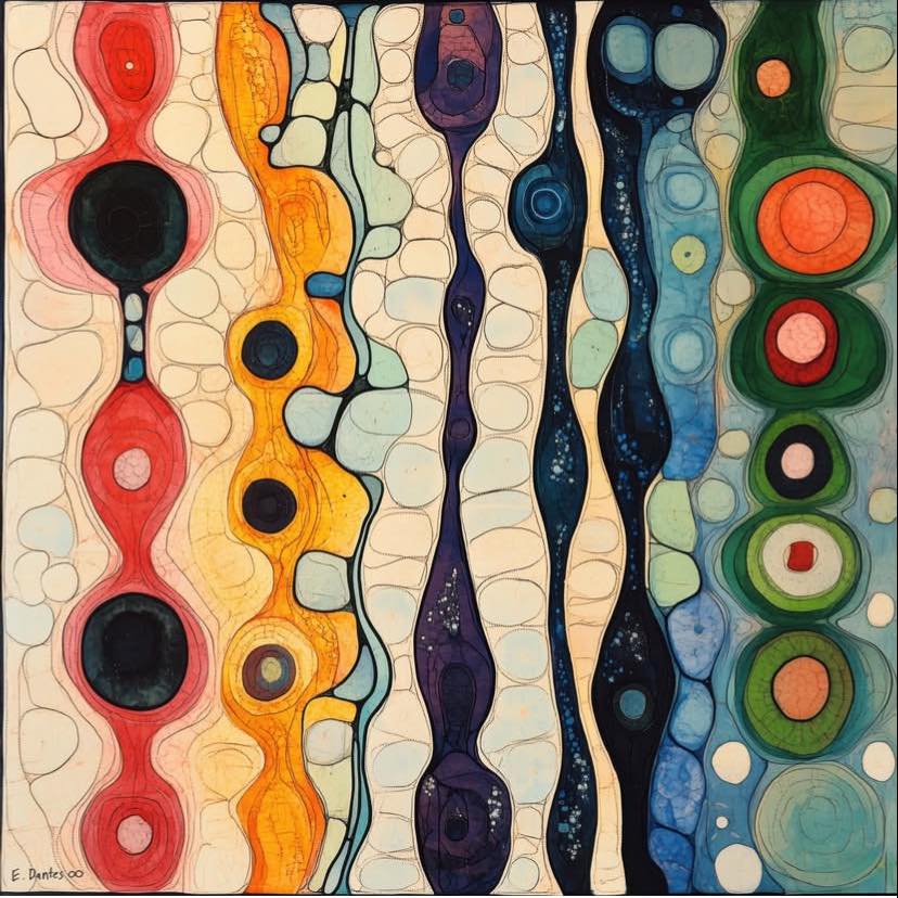Abstract art with vertical wavy bands containing circles and organic shapes in multiple colors