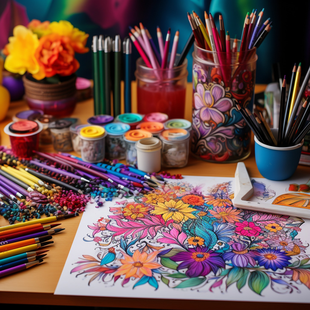 Floral coloring page with vibrant markers, pencils, and paint supplies arranged on a desk