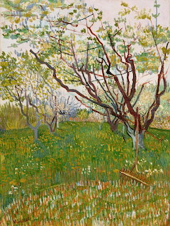 Van Gogh painting of flowering orchard with blossoming trees in a green grassy field