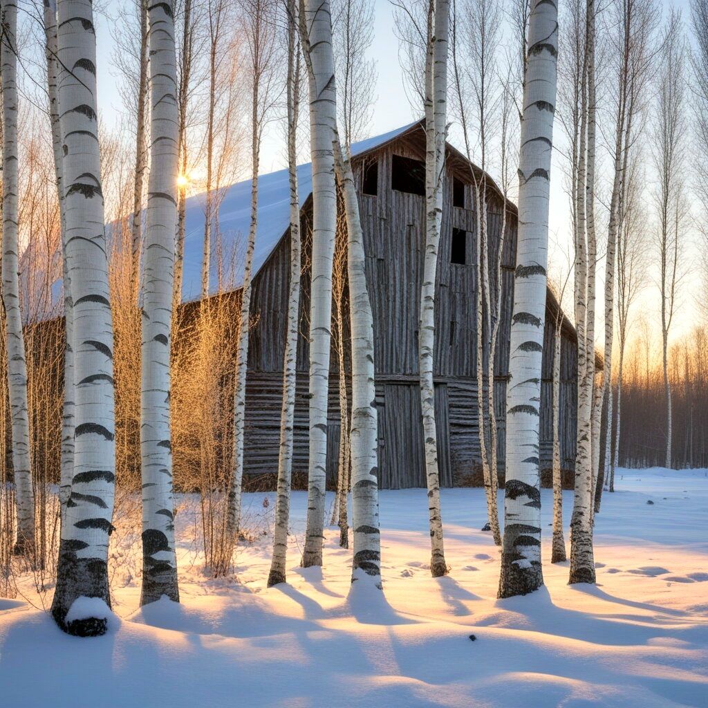 Rustic wooden barn among birch trees in deep snow at sunset