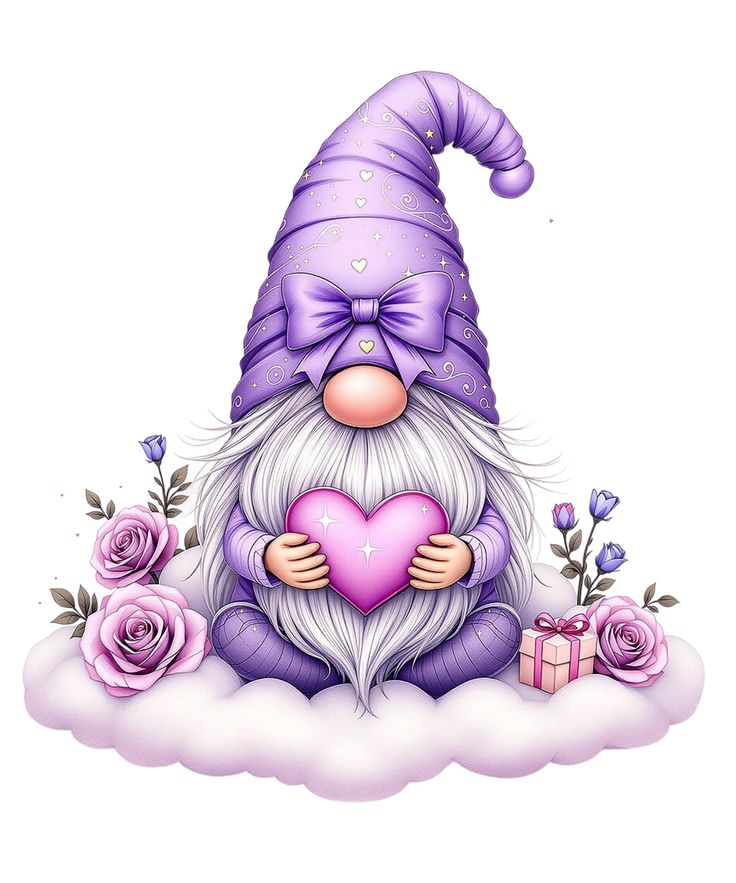 Cute purple gnome holding a pink heart with roses on a cloud