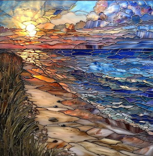 Colorful painting of beach at sunset with ocean waves and dramatic sky