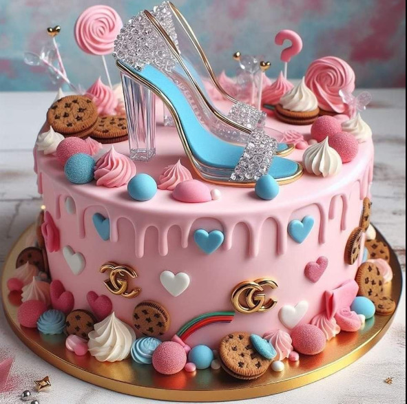 Pink cake with glass slipper decoration, cookies, candies and sweets