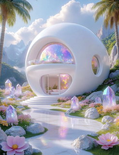 White spherical futuristic house with rainbow windows surrounded by pink lotus flowers and palm trees in alien landscape