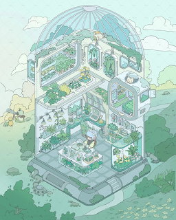 Pastel illustration of a cutaway greenhouse house filled with plants and a small gardener inside
