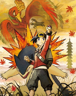 Anime trainer with legendary phoenix and dragon Pokémon amid autumn leaves