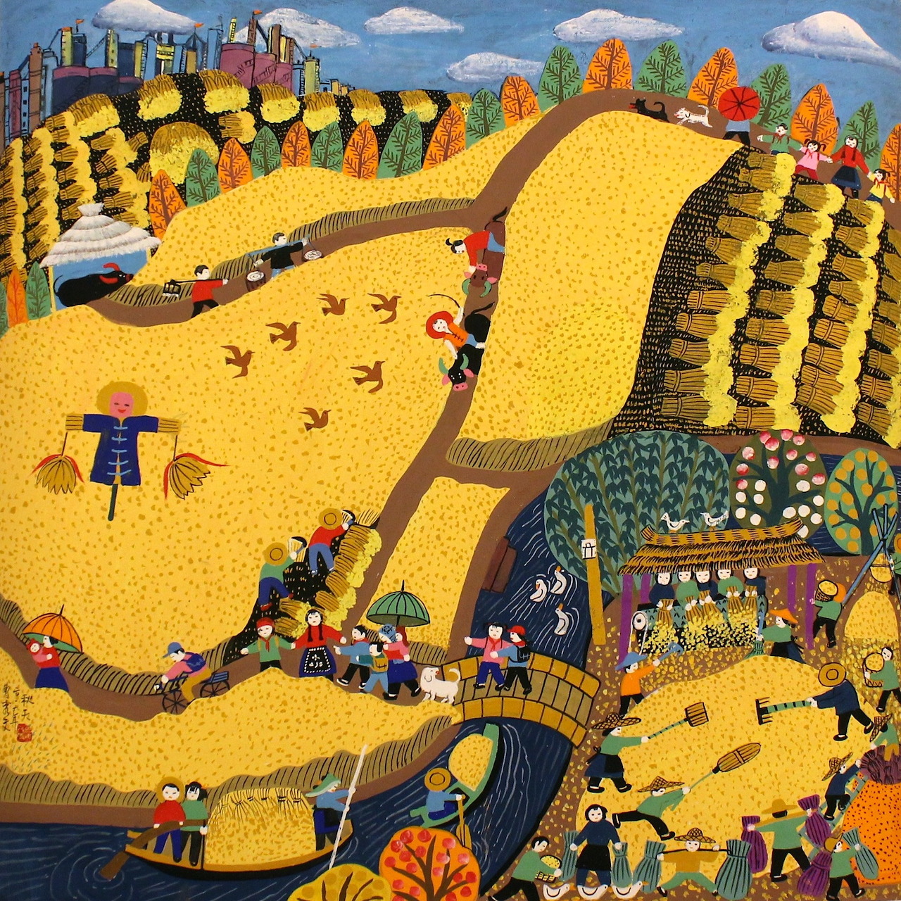 Colorful folk art painting showing golden harvest fields with workers, corn, barn, and autumn trees