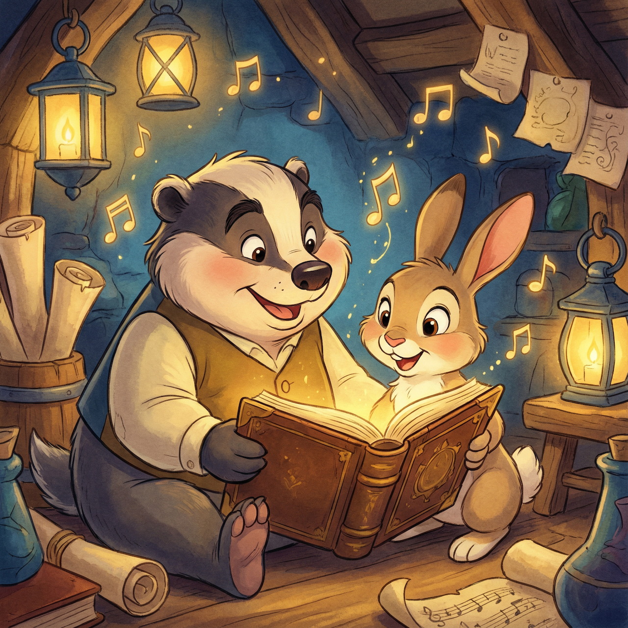 Illustrated badger and rabbit reading a glowing book in a cozy attic with lanterns and musical notes
