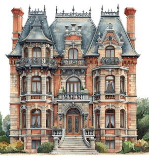 Elaborate Victorian mansion with red brick walls, ornate architectural details, and mansard roof with decorative ironwork
