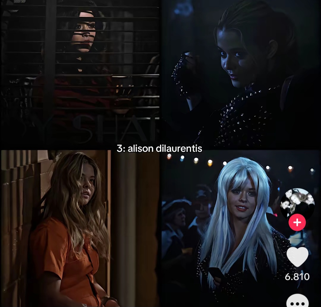 Four-panel dark collage of a woman in dramatic scenes, including portraits and a white wig at a party
