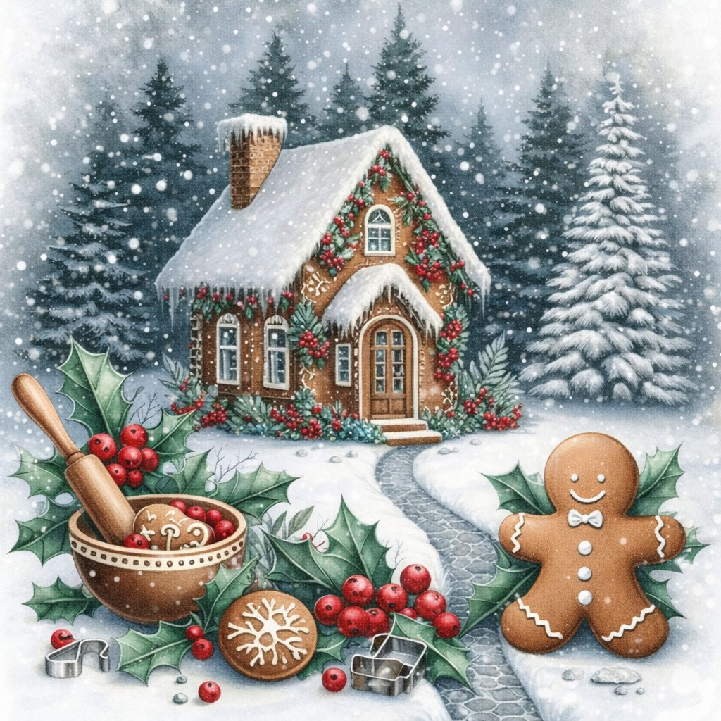 Snowy gingerbread cottage with Christmas lights surrounded by decorated evergreen trees and holiday baking elements
