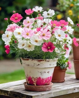 Pink and white cosmos flowers in rustic terracotta pot on wooden table