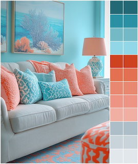 Living room with gray sofa, coral and turquoise pillows, coral wall art, and color palette swatches