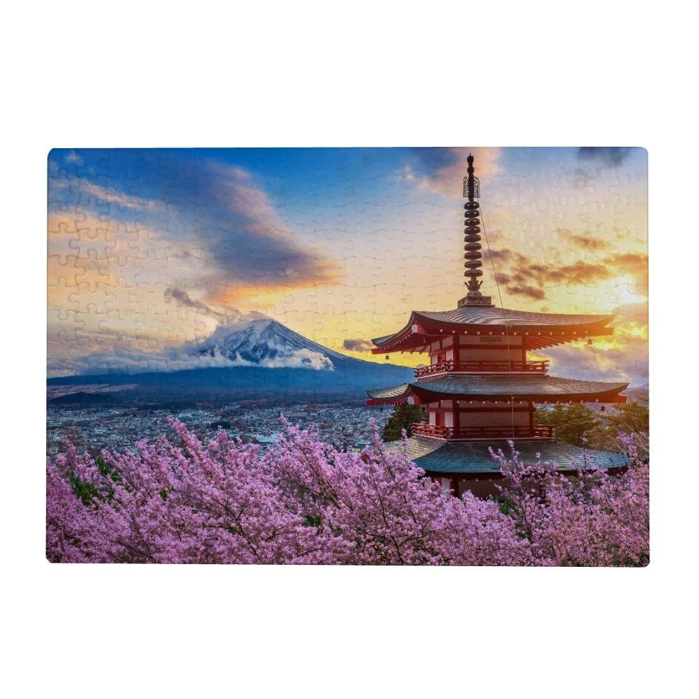 Chureito Pagoda with cherry blossoms and Mount Fuji at sunset