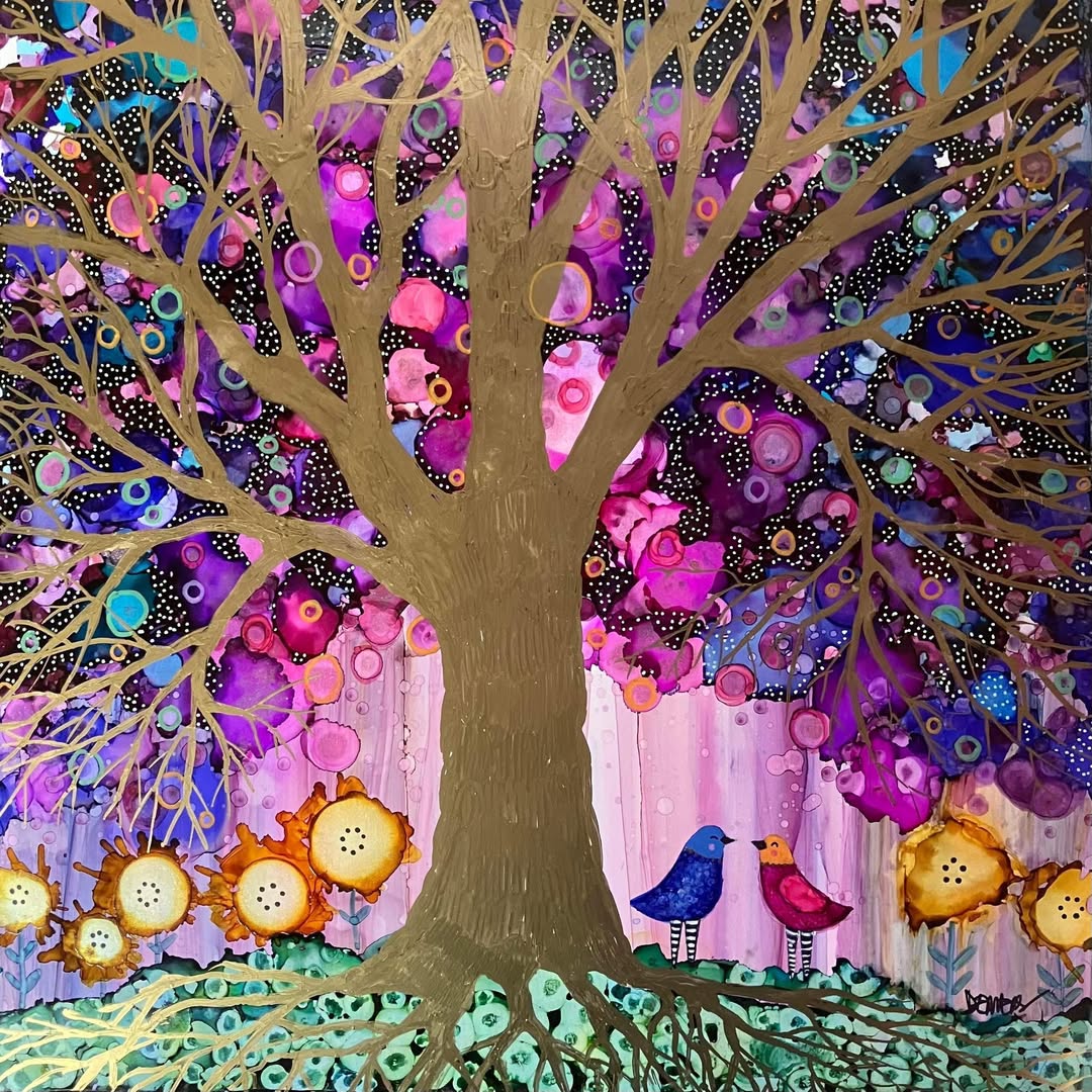Stylized flowering tree painting with colorful birds, blossoms, and swirling roots