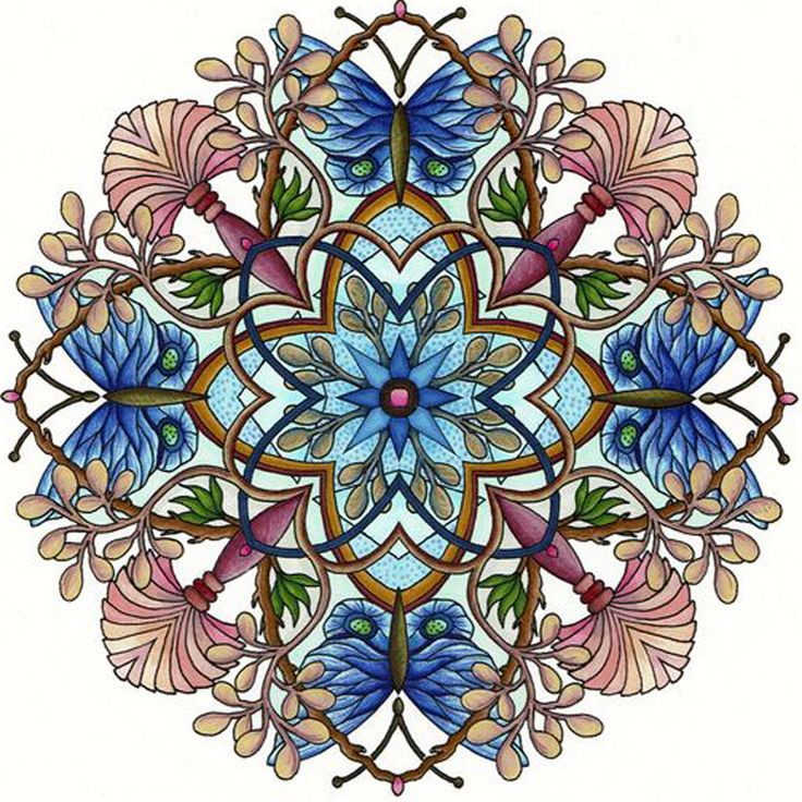 Symmetrical mandala with butterflies, flowers, and decorative elements arranged in a circular pattern