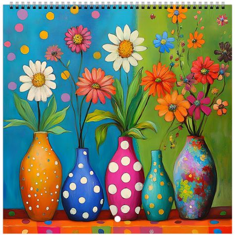 Five colorful polka-dot vases with wildflowers including daisies and gerberas on a bright background