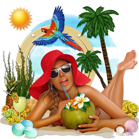 Woman in red hat with sunglasses holding coconut drink on tropical beach with palm tree and parrot