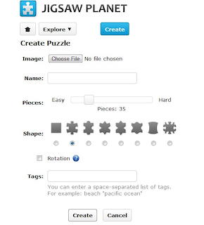 Jigsaw puzzle creation form with image upload, name, pieces slider, shape options, rotation checkbox, and tags field.