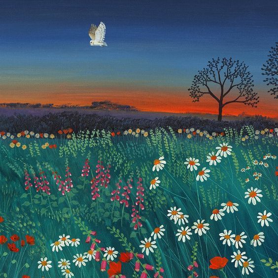 Painting of a wildflower meadow at sunset with daisies, a tree, and a bird in the sky.
