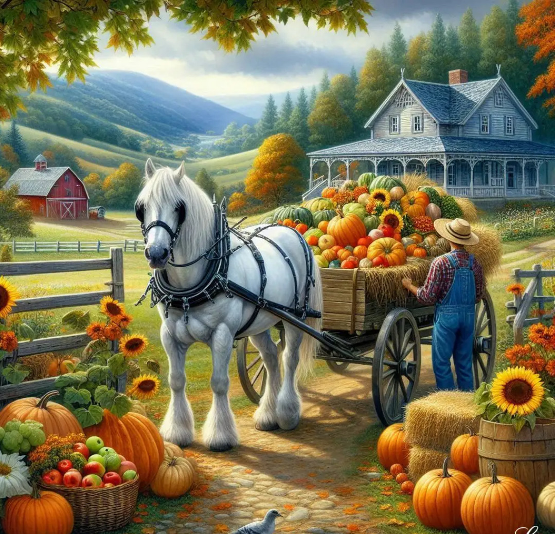 White draft horse pulling a pumpkin-filled wagon past a farmhouse and sunflowers in autumn.