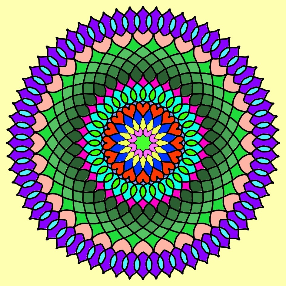 Colorful mandala with concentric geometric patterns in vibrant purple, green, and orange on yellow background