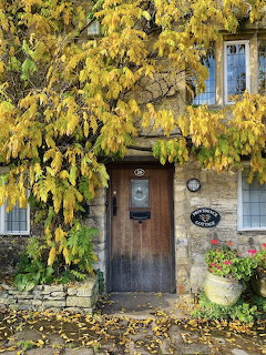 Rustic wooden door of stone cottage surrounded by golden autumn leaves and climbing plants