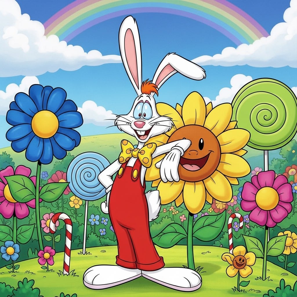 White cartoon rabbit in red overalls in vibrant flower garden with rainbow