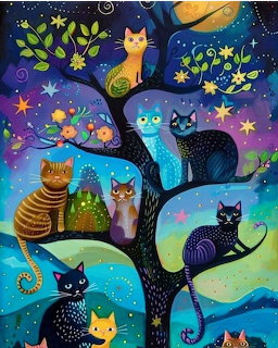 Colorful folk art illustration showing multiple decorated cats sitting on tree branches under a starry night sky