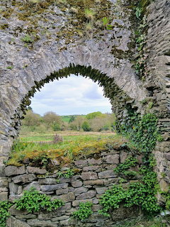 Old stone abbey arch covered with ivy, opening onto a green countryside view