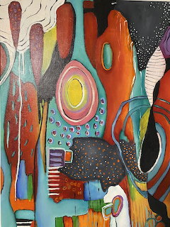 Abstract colorful painting with geometric shapes and organic forms in orange, turquoise, yellow, and pink