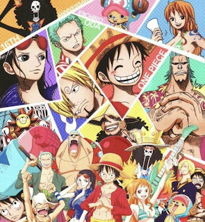 Collage of One Piece anime characters with Luffy at center, surrounded by crew members on rainbow striped background