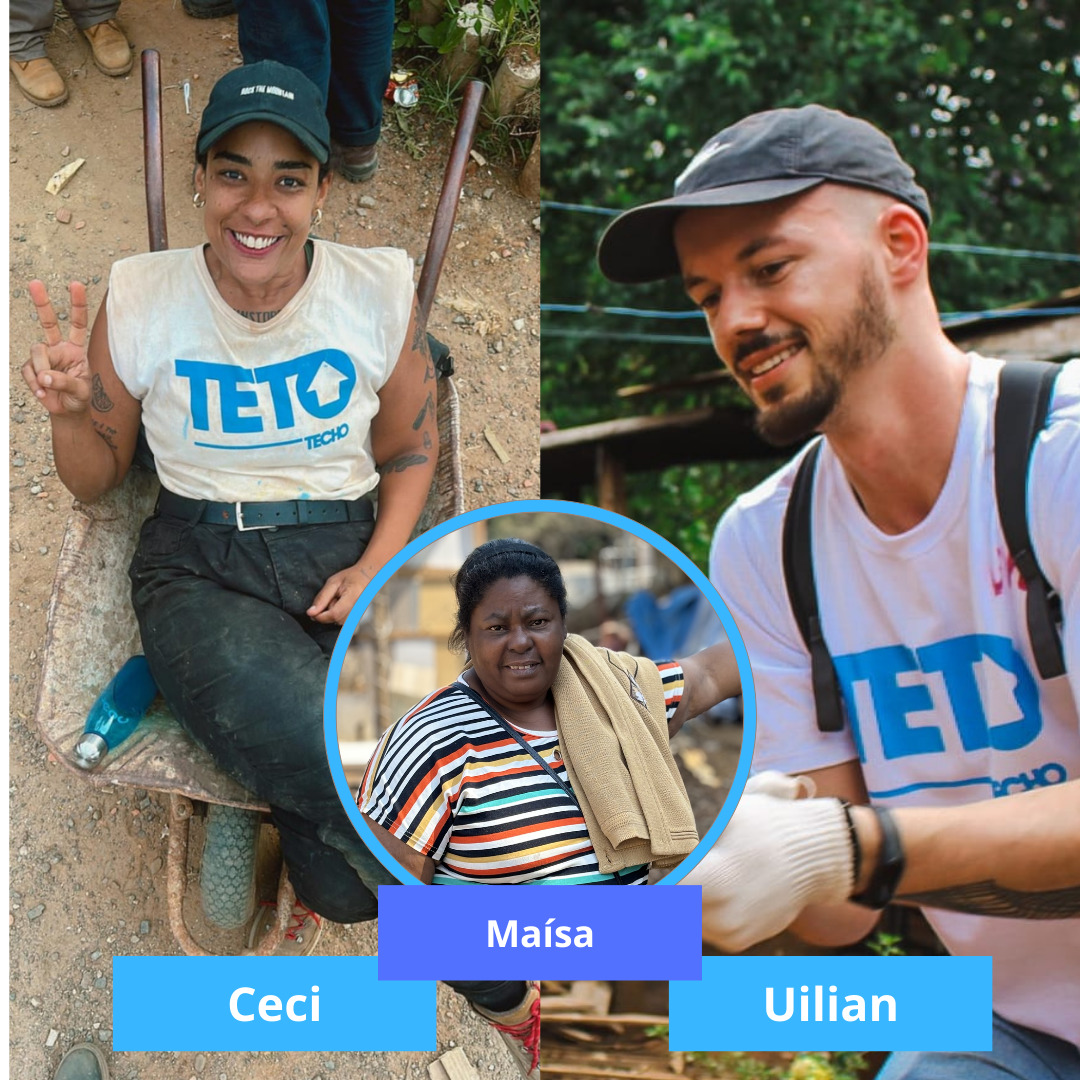 Photo collage of two people outdoors with a central inset portrait and name labels Ceci, Maísa, and Uilian