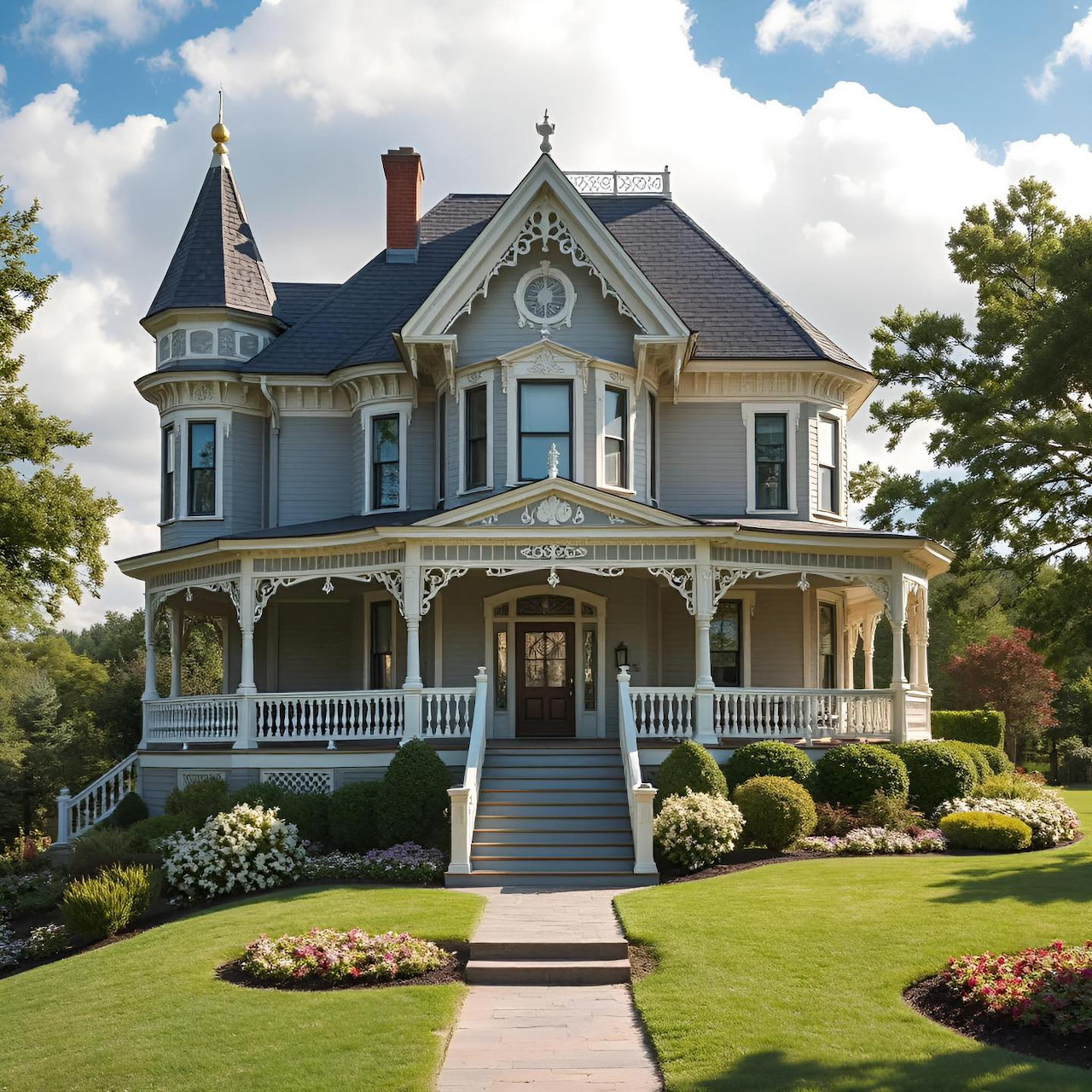 Blue-gray Victorian house with turet, wraparound porch, and landscaped garden on a sunny day